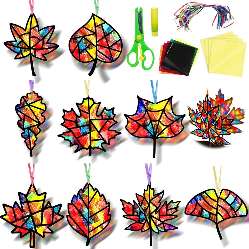 EggSun 36 Sets Fall Thanksgiving Maple Leaf Suncatchers Craft Kit for Kids Ornaments Stained Glass Window Arts and Crafts Kit for Classroom Holiday Projects Home Party Favors Decorations Ages 4 8 12 - Image 1